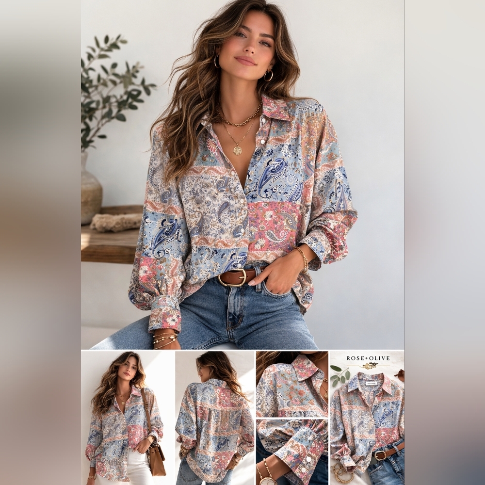 Rose + Olive Paisley Patchwork Button Down Blouse… - image 1
